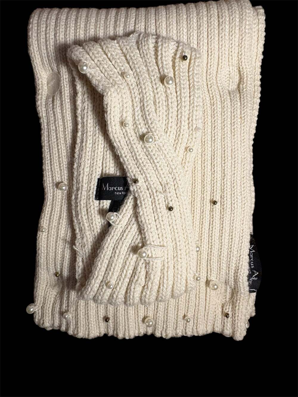 Marcus Adler New York Cream Ribbed Knit Embellished Pearl Scarf & headband